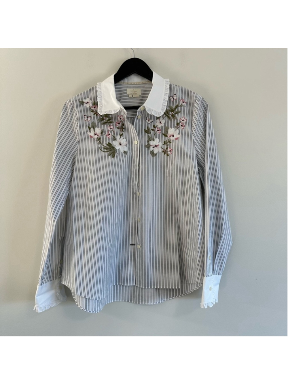 Kate Spade Embroidered Stripe Ruffle Top Size Large Botanical Ruffle Collar - Picture 2 of 11